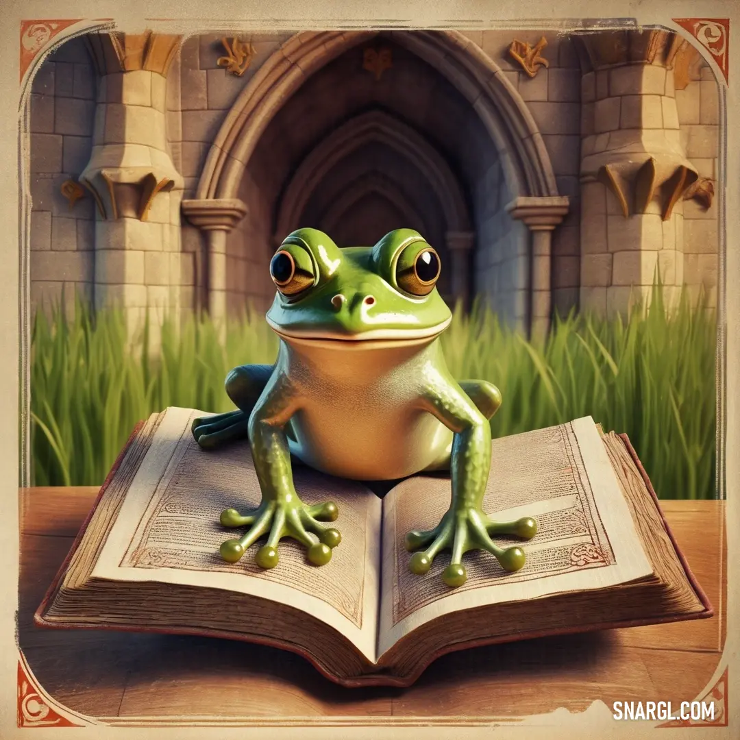 NCS S 1015-Y10R color. Frog on top of an open book on a table in front of a castle door with a doorway
