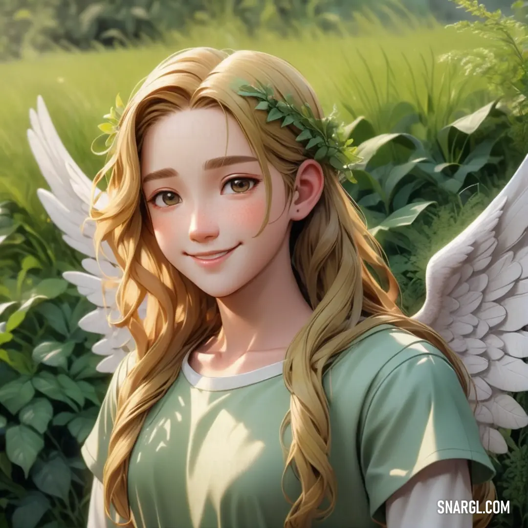 NCS S 1015-Y10R color. Girl with long blonde hair and a green shirt with white wings on her head and a green dress