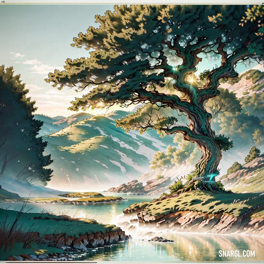 Painting of a tree and a river in the mountains with a bright sun shining through the branches of the tree. Example of RGB 242,224,168 color.