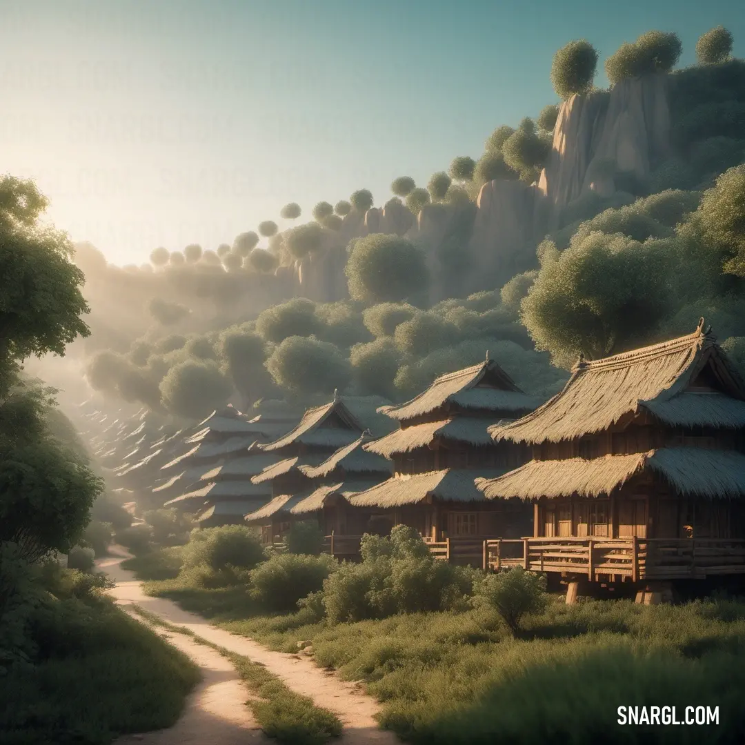 Row of houses on top of a lush green hillside next to a forest filled with trees and bushes. Color #F2E0A8.