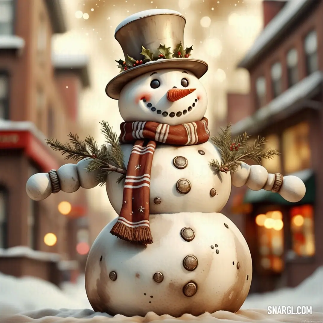 Snowman with a hat and scarf on a snowy street with buildings in the background. Example of #FFE0AE color.