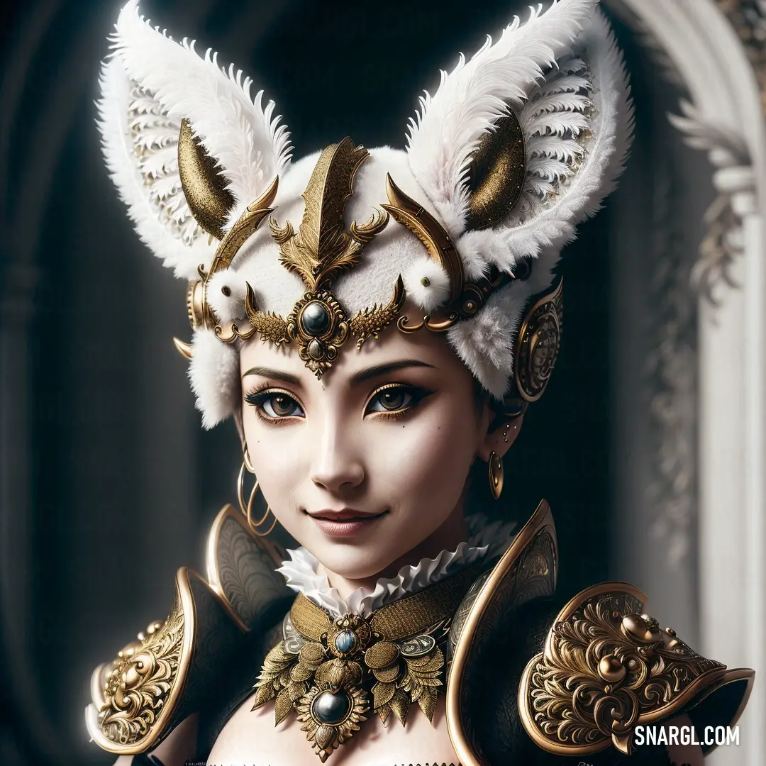 Woman with a white and gold costume and a white and gold headpiece and a white. Example of CMYK 0,15,38,0 color.