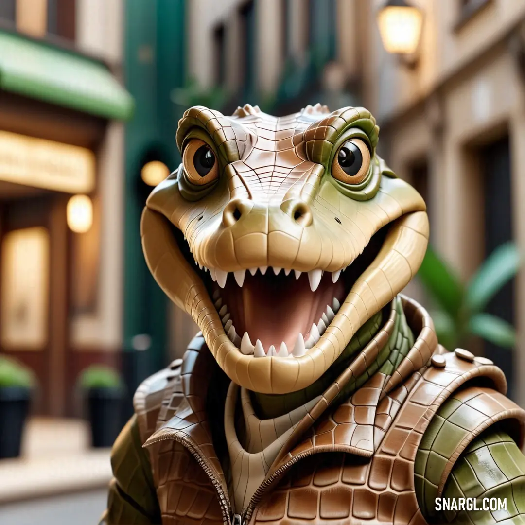 Close up of a fake alligator wearing a leather outfit and a helmet with a green plant in the background. Example of NCS S 1015-Y40R color.
