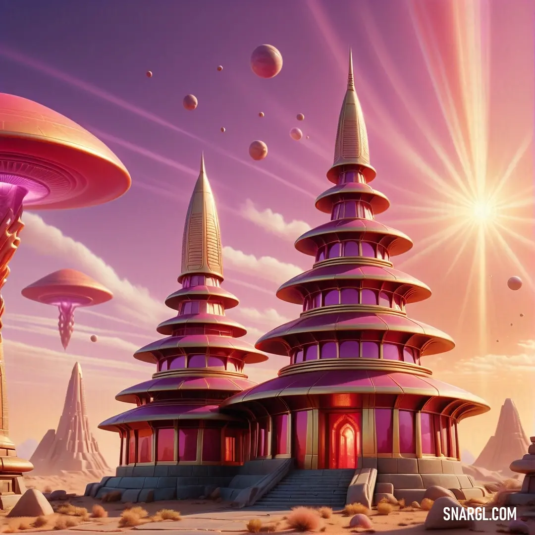 Futuristic city with a lot of strange structures and planets in the background. Color CMYK 0,20,35,0.