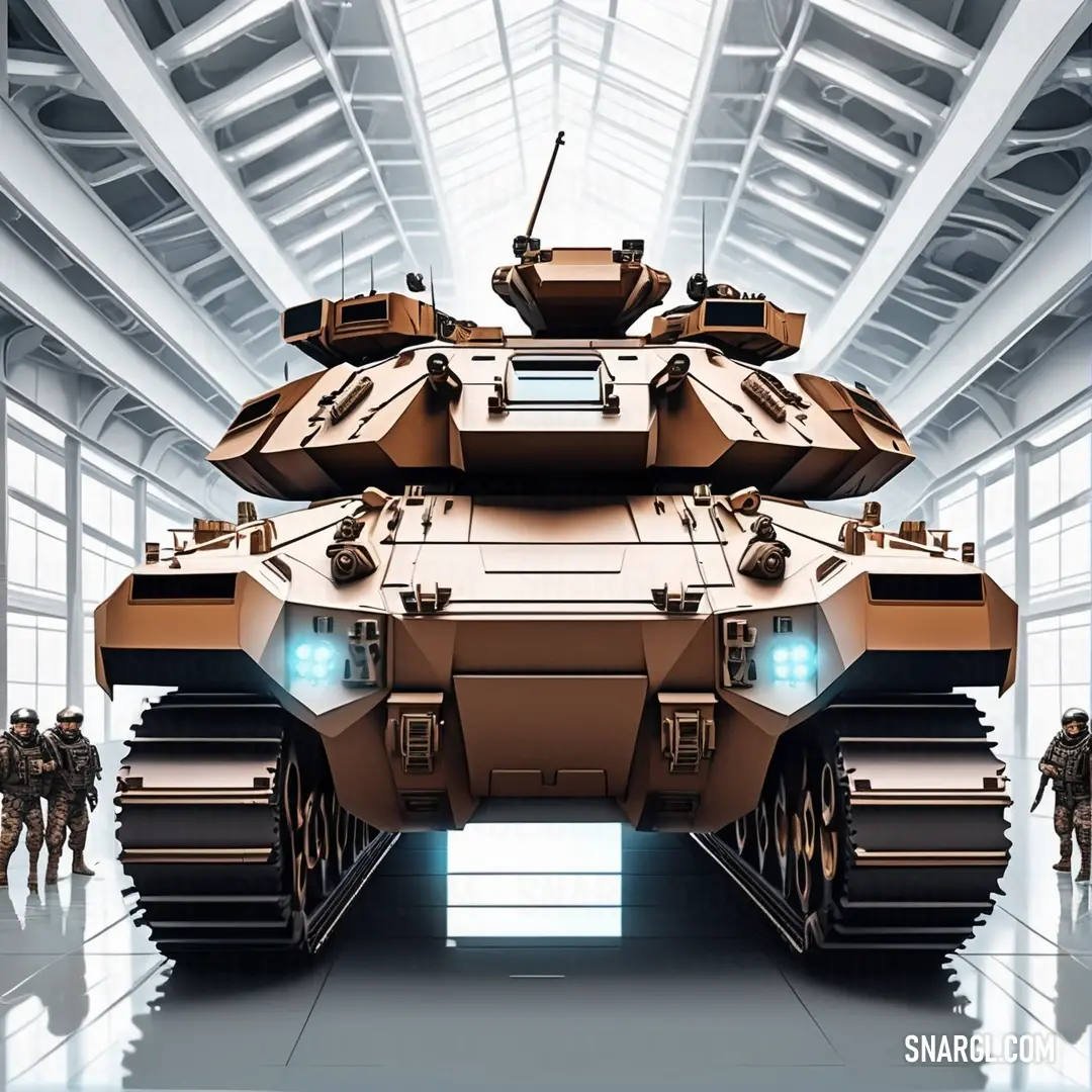 Large tank with lights on in a building with other people in the background. Color CMYK 0,20,35,0.