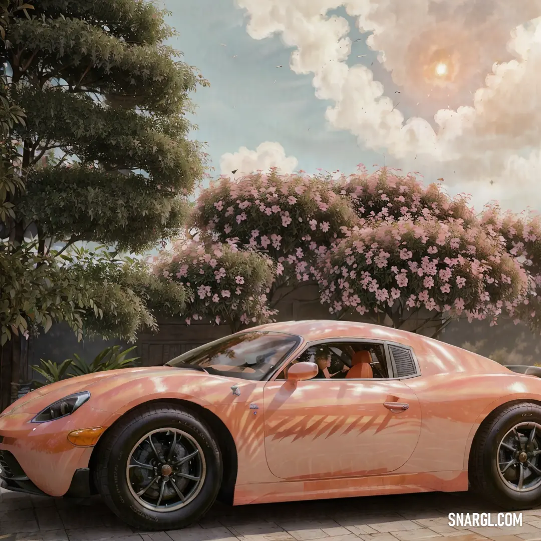 Pink sports car parked in front of a tree with pink flowers on it and a sky with clouds. Color CMYK 0,20,35,0.