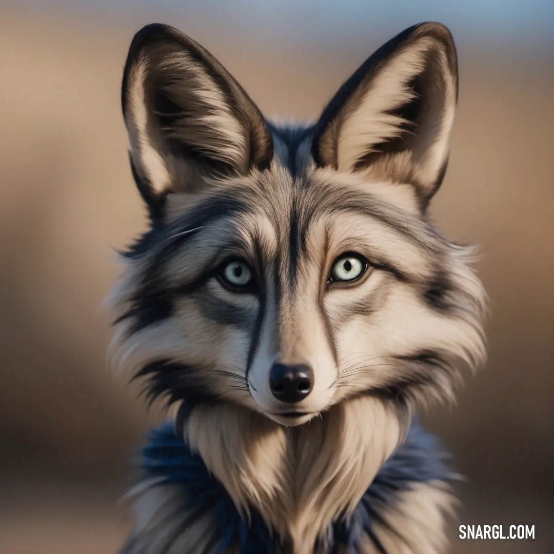 Close up of a fox with blue eyes and a blurry background. Color RGB 255,213,177.