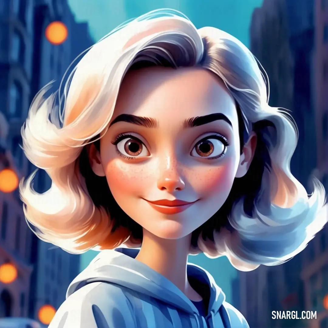 Cartoon girl with blonde hair and a blue shirt on a city street at night with street lights in the background. Example of RGB 255,213,177 color.