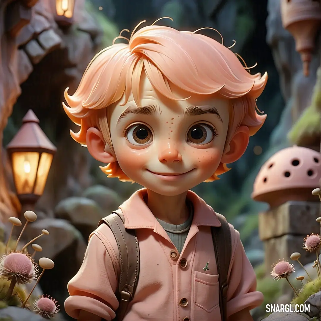 NCS S 1015-Y70R color. Cartoon boy with a backpack standing in front of a mushroom house with a light on it's head