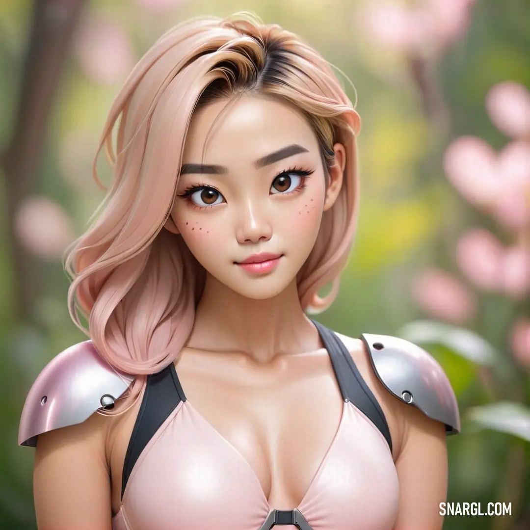 Cartoon girl with a pink hair and armor on her chest. Example of RGB 255,210,187 color.