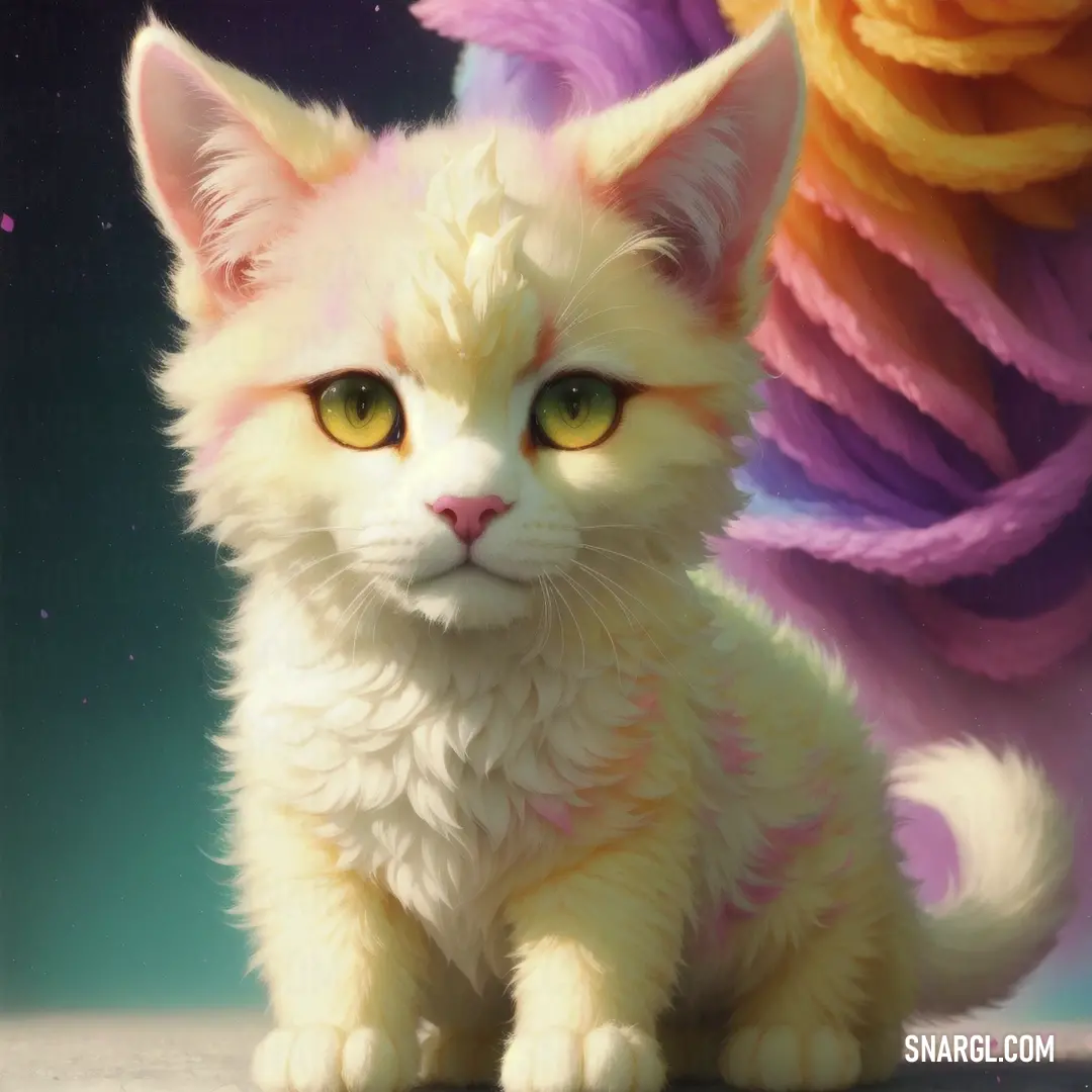 NCS S 1015-Y70R color example: White cat with yellow eyes in front of a painting of a dragon wing and a pink flower