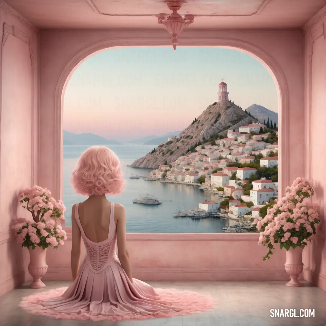 Woman on a window sill looking out at a town and water with a castle in the background. Color CMYK 0,25,20,0.
