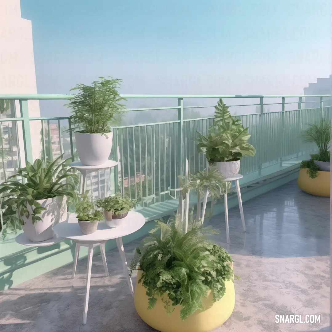 Balcony with potted plants and a table on it's side. Color #C1F1E8.