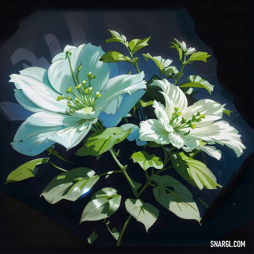 Painting of a flower with green leaves on a black background. Example of NCS S 1020-B50G color.