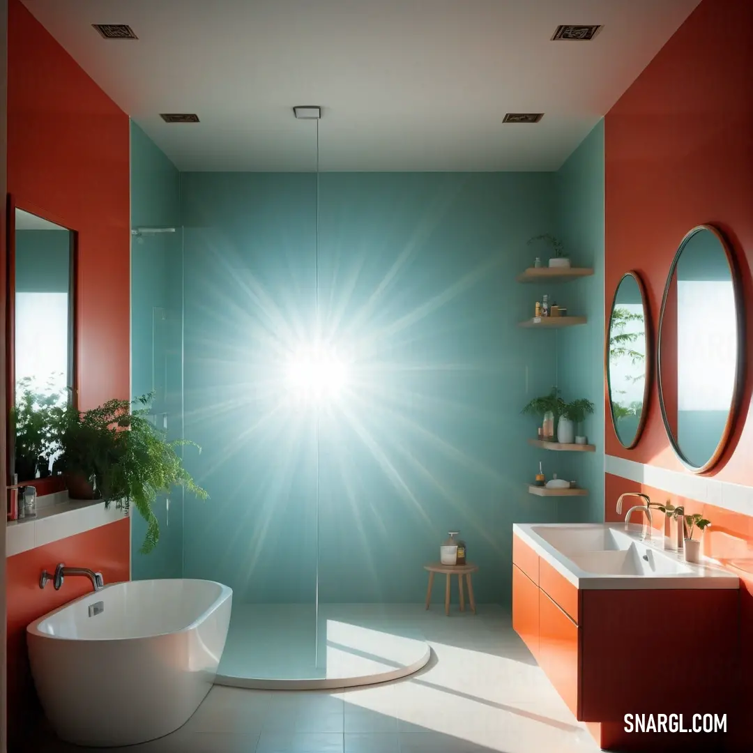 Bathroom with a large mirror and a tub in it's center wall and a sink in the middle. Example of RGB 198,243,230 color.
