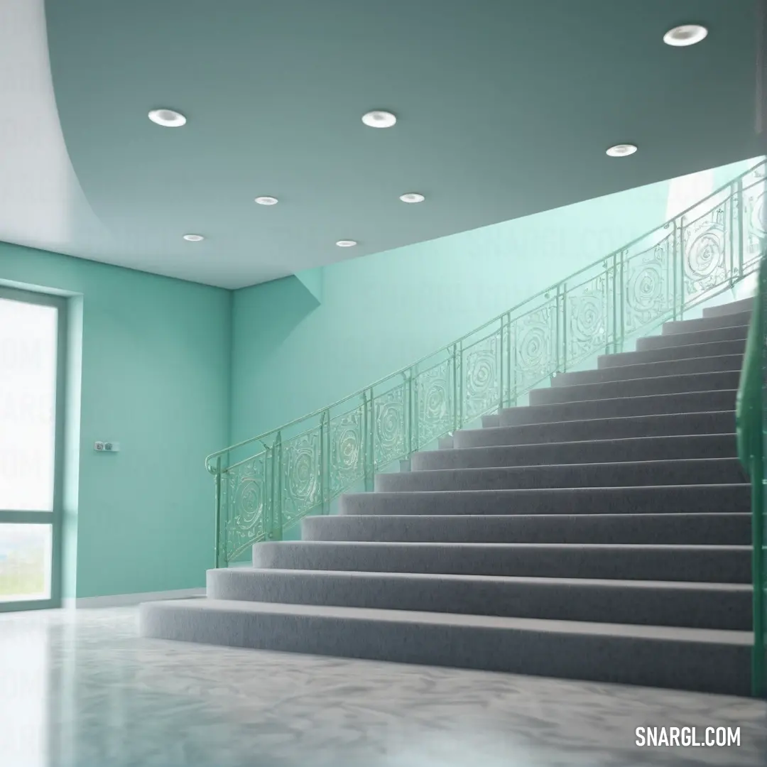 Set of stairs in a room with a window and a door to another room with a balcony. Example of #C6F3E6 color.