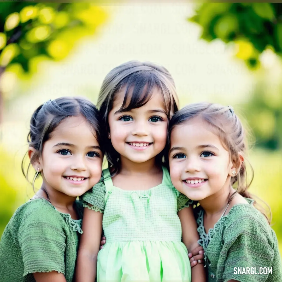 Three little girls are posing for a picture together in a field of grass and trees with the words. Color NCS S 1020-G.