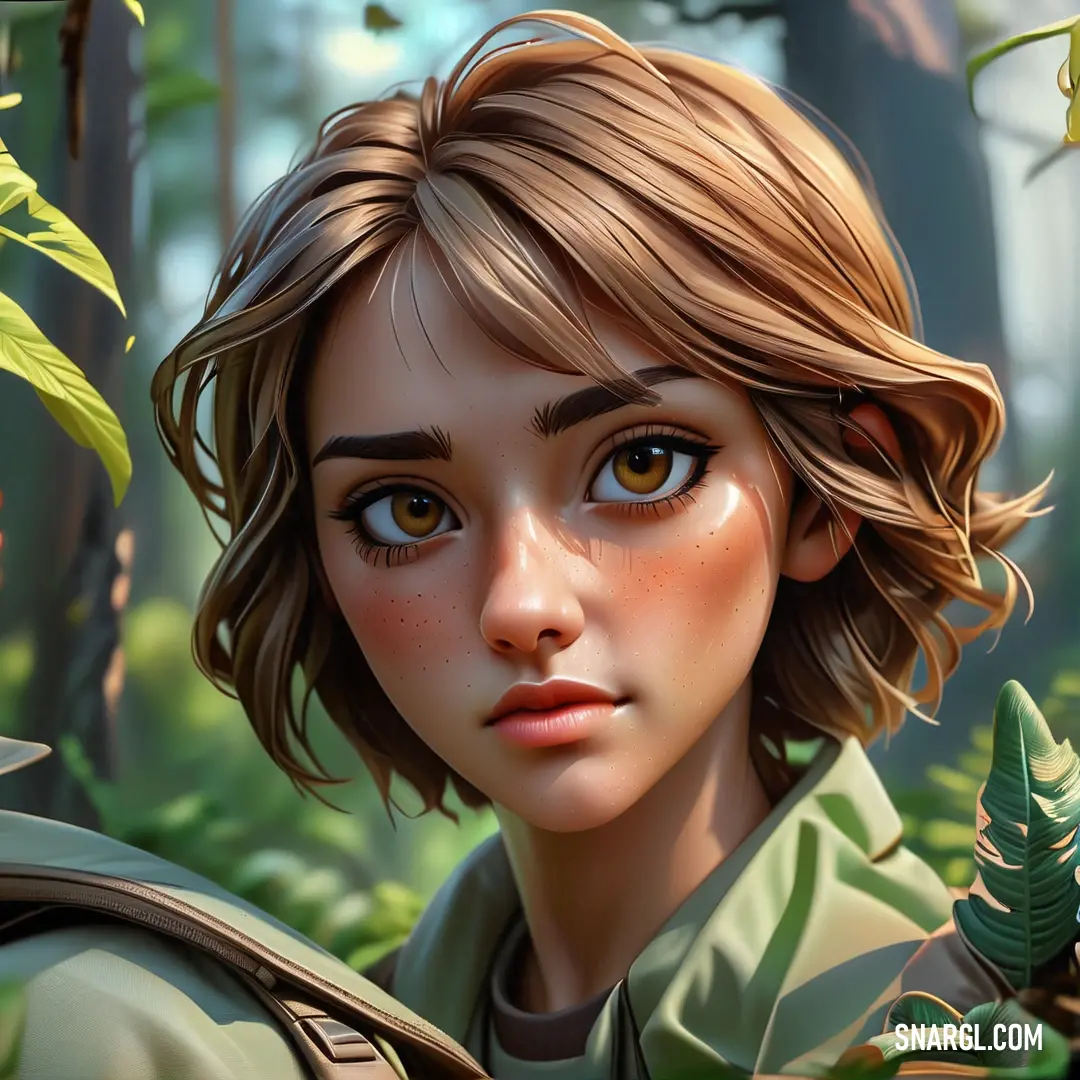 Digital painting of a woman in a forest with a green jacket and brown hair and blue eyes. Color #DBF4BA.