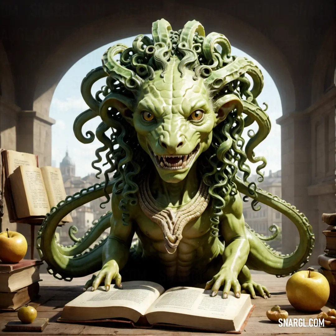 Green creature on top of an open book next to an apple and an apple slice on a table. Example of #DBF4BA color.