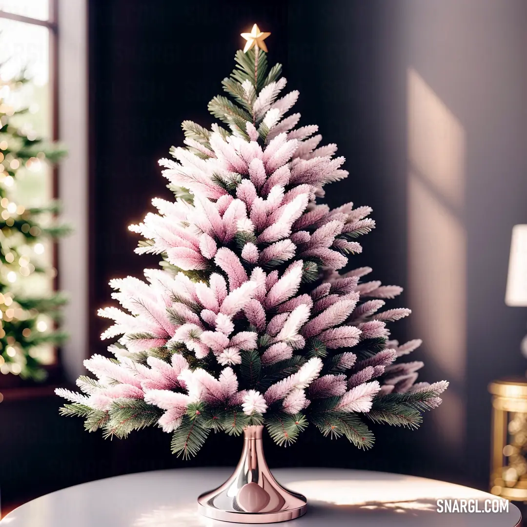 Small christmas tree is on a table in a room with a window. Color CMYK 0,28,14,5.