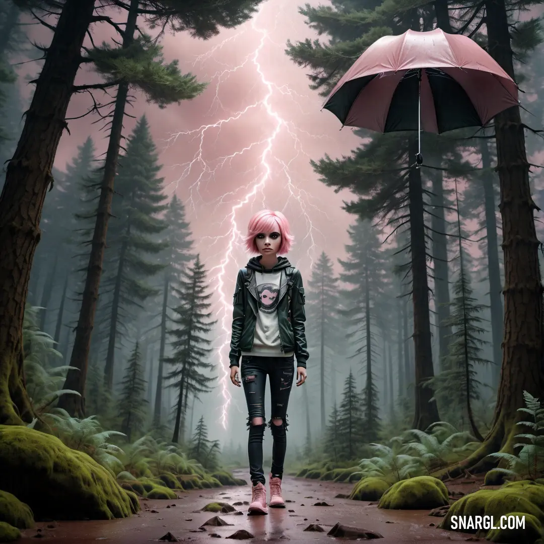 Woman standing in a forest with an umbrella in front of her and a lightning bolt in the background. Color RGB 244,197,198.