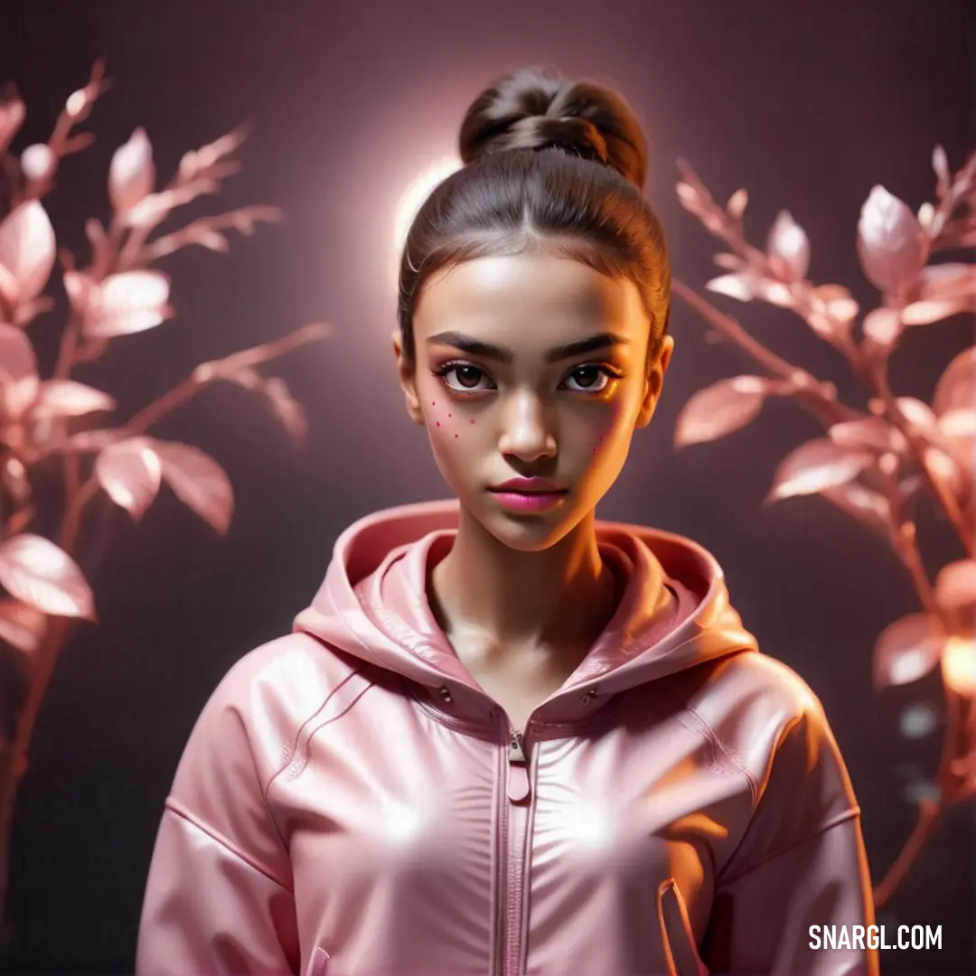 Woman with a pink jacket and a flower in her hair. Color #F4C5C6.