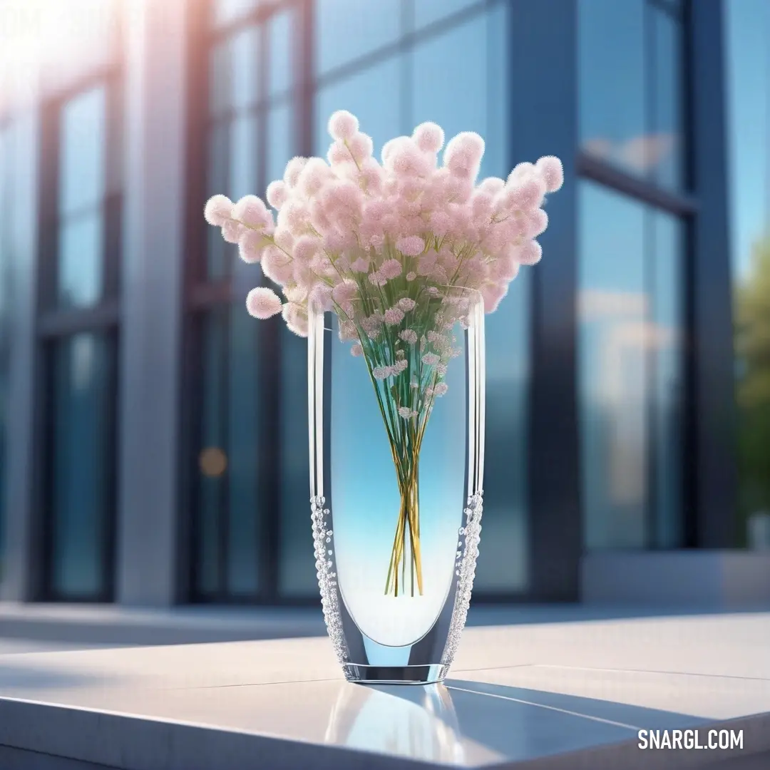 Vase with some pink flowers in it on a table outside a building with a blue sky in the background. Color CMYK 0,26,8,5.