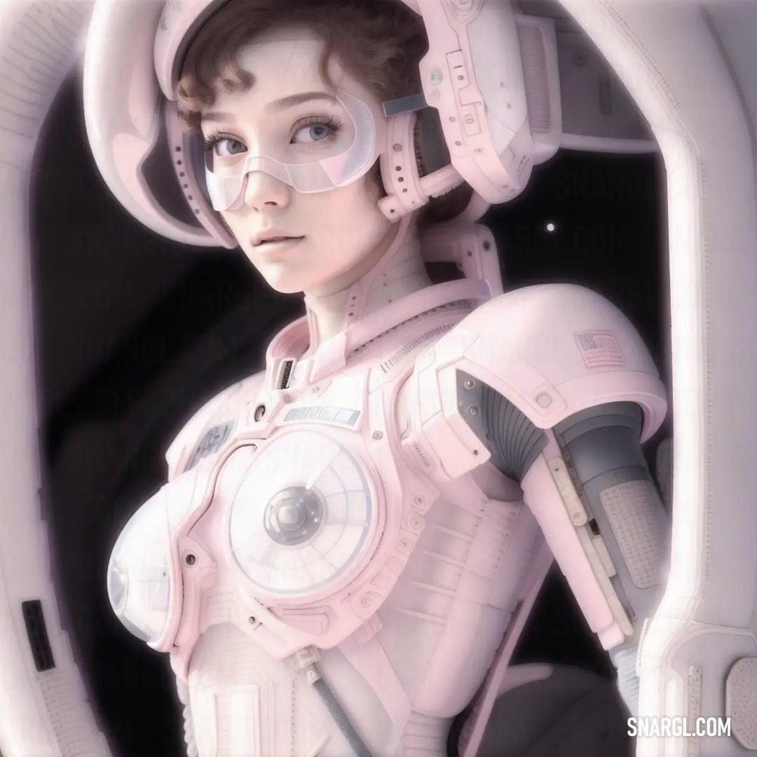 Woman in a pink suit with a futuristic helmet on her head and a pair of goggles on her face. Example of #F3C9D1 color.