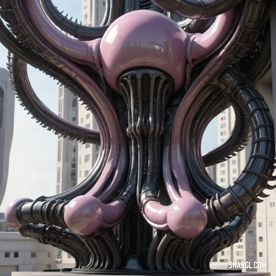 Large sculpture of a giant octopus in a city square with tall buildings in the background. Example of NCS S 1020-R30B color.