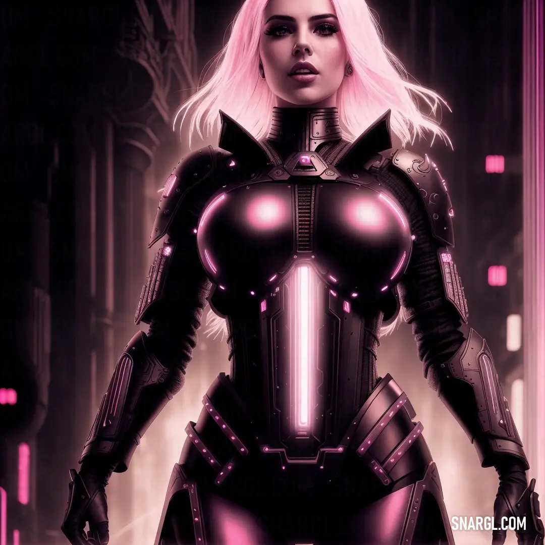 Woman in a futuristic suit with a pink hair and a black helmet on her head and chest. Color NCS S 1020-R30B.