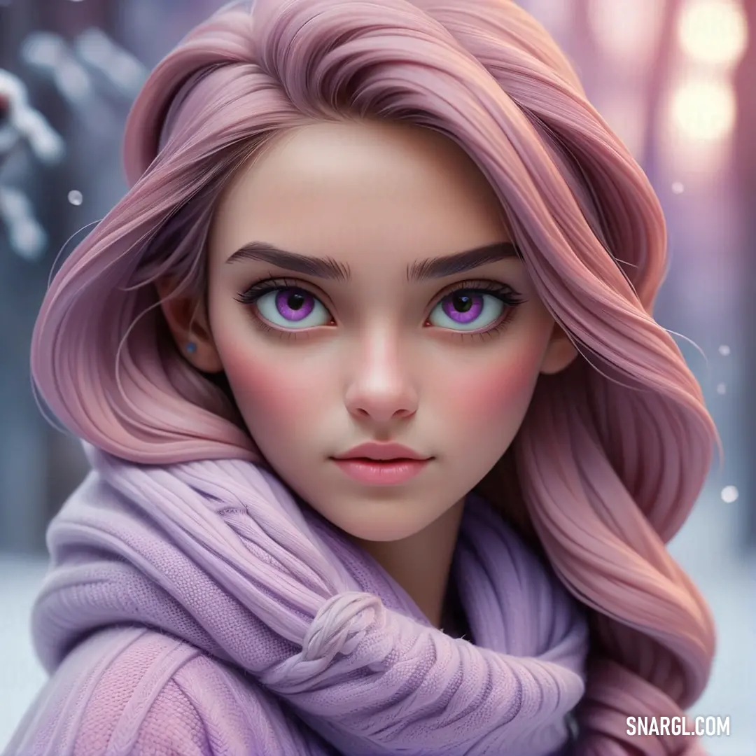 Digital painting of a woman with pink hair and blue eyes wearing a purple sweater and scarf with a snowy background