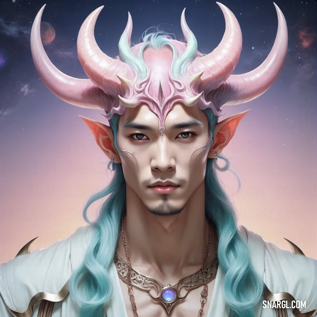 Man with long blue hair and a horned headpiece with horns on his head and a necklace around his neck. Example of RGB 234,207,226 color.