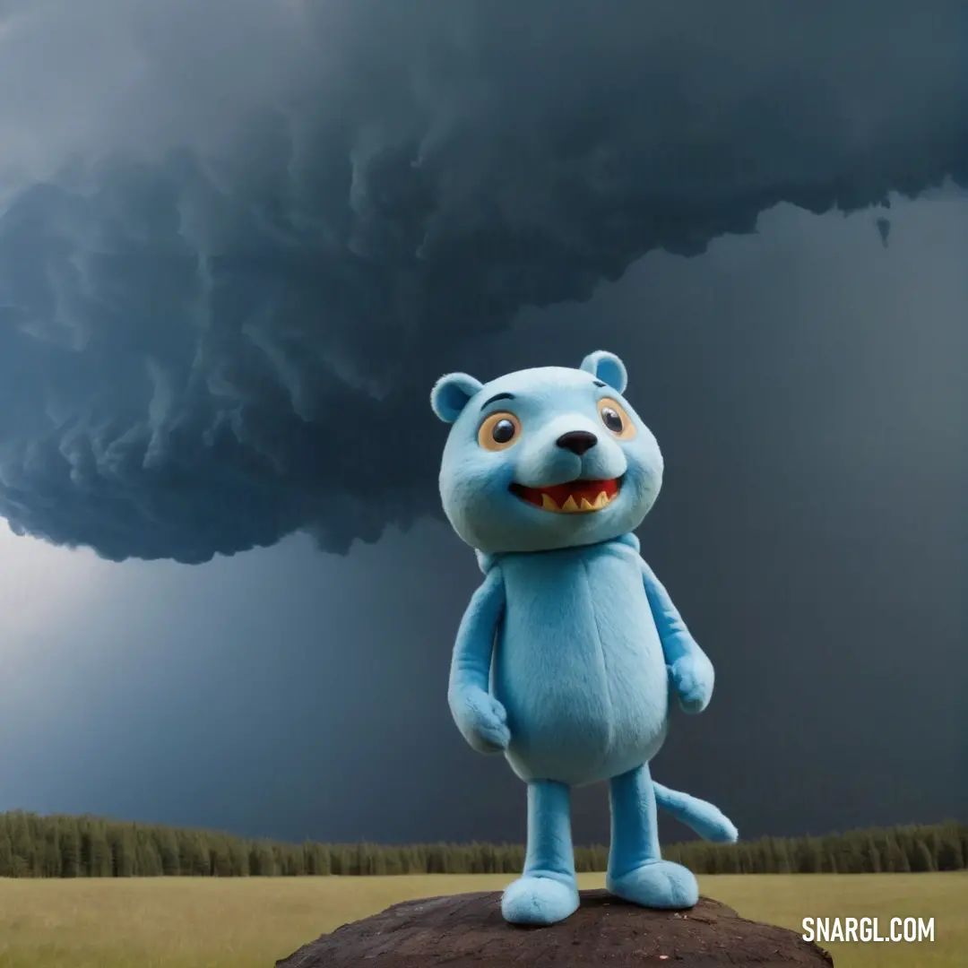 Blue bear standing on a rock in front of a storm cloud with a lightning in the sky behind it. Example of RGB 205,226,245 color.