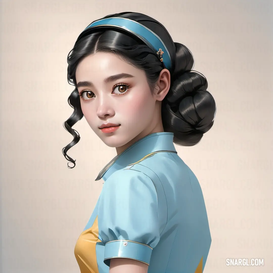 NCS S 1020-R80B color example: Digital painting of a woman with a ponytail in a blue dress and a yellow top on her head