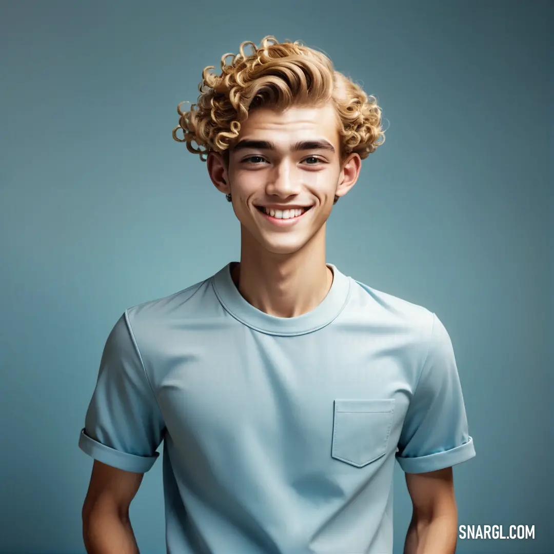 Young man with curly hair and a blue shirt smiling at the camera with a smile on his face. Example of #CDE2F5 color.