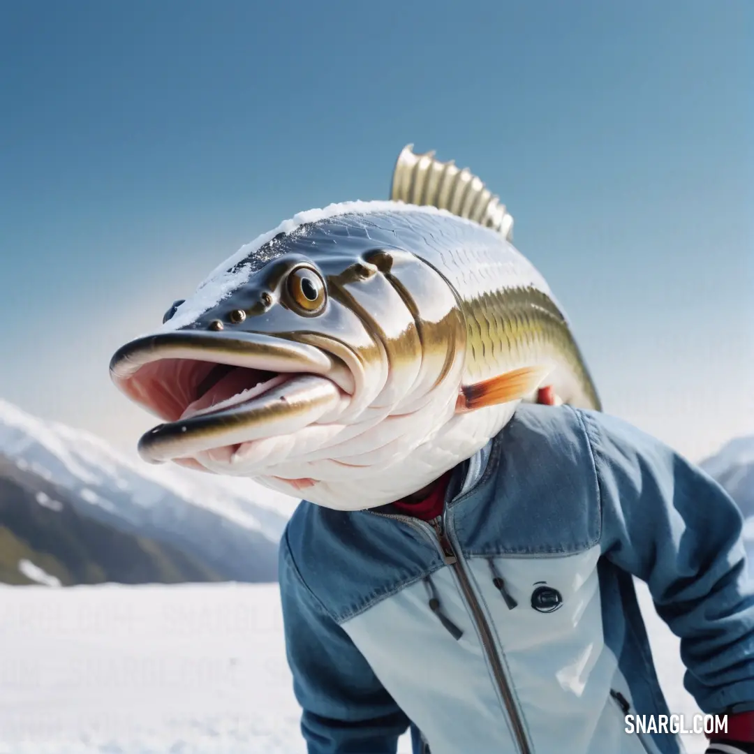 Man holding a fish in his hands in the snow with mountains in the background. Example of #BCD8E5 color.