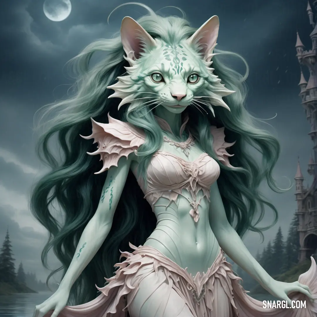 Painting of a cat with long hair and a dress on. Color RGB 188,216,229.
