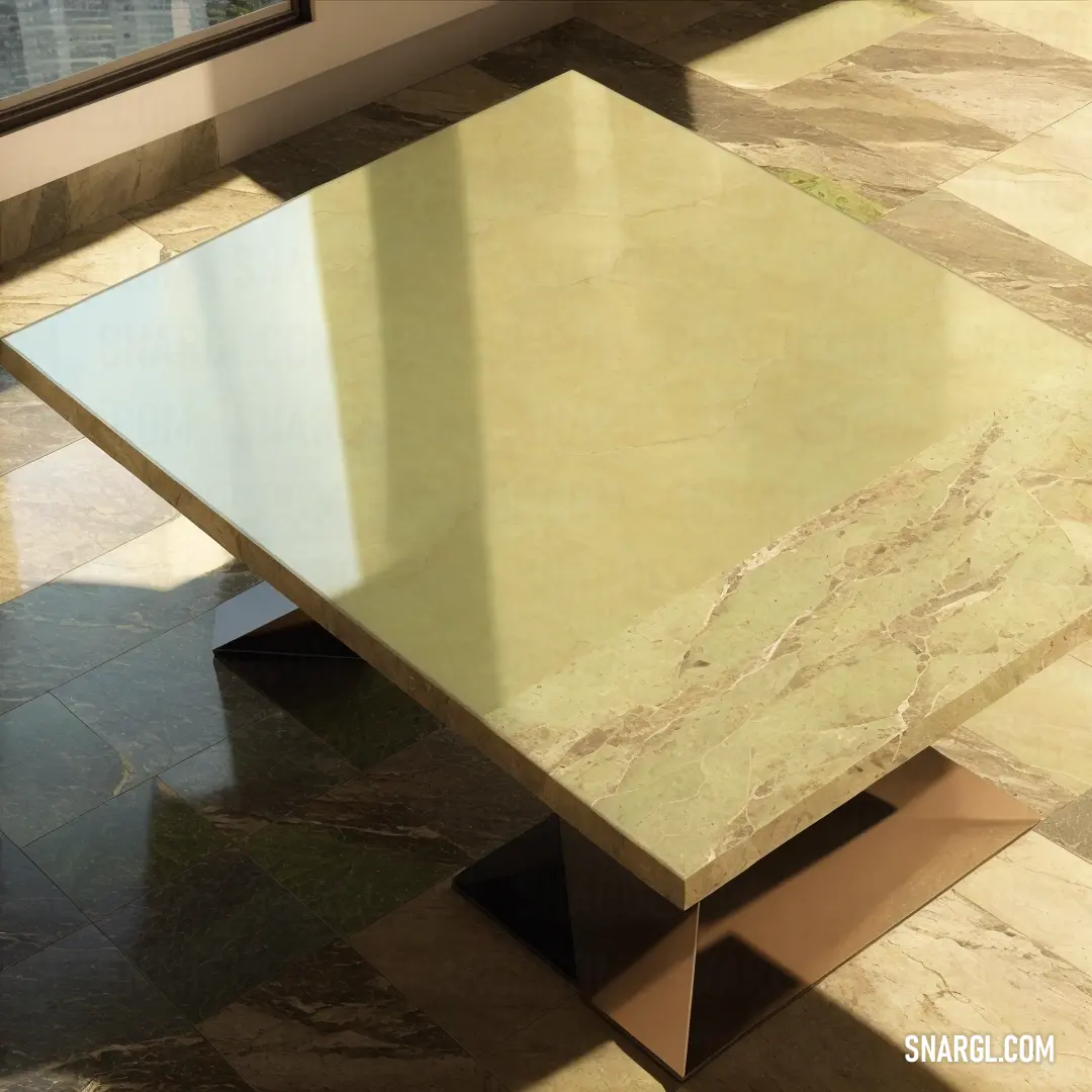 Marble table with a metal base on a tiled floor with a window in the background. Example of #F4E5A3 color.