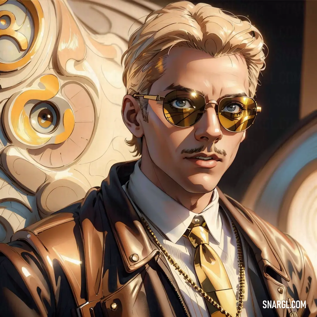 Man with a mustache and glasses in a leather jacket and tie with a gold tie. Color RGB 255,222,159.