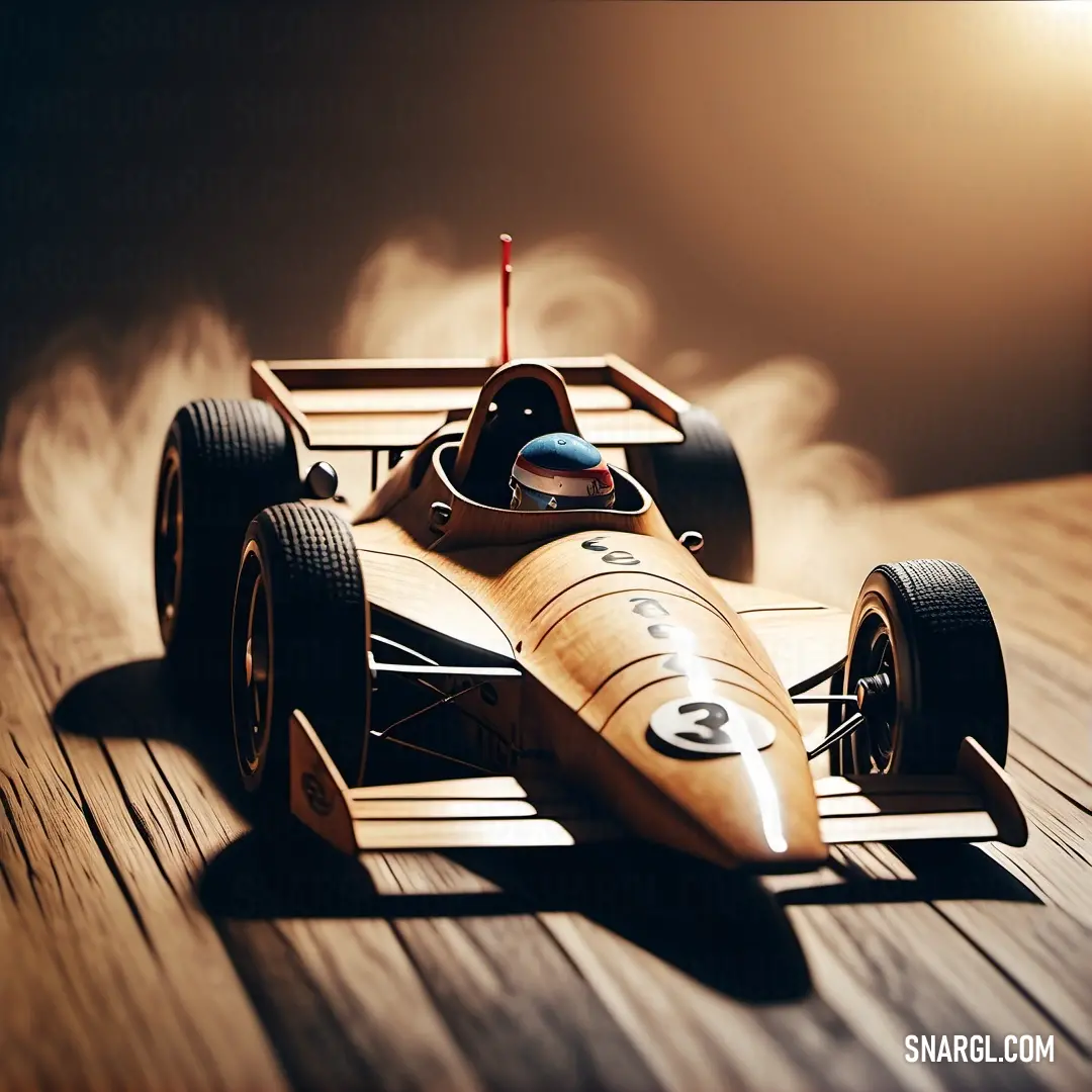 Toy race car on a wooden table with a light shining on it's side and a smoke trail behind it. Color RGB 255,222,159.