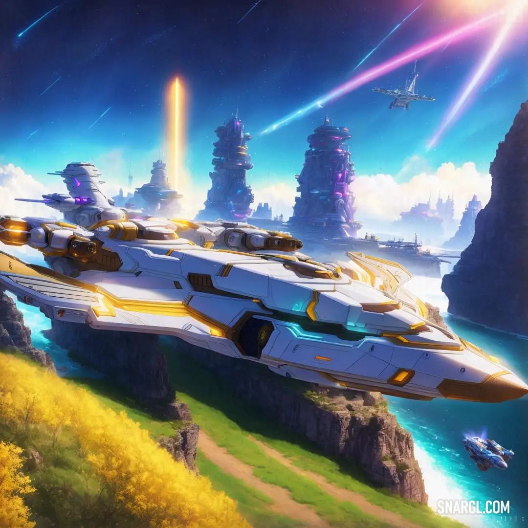 A sleek futuristic ship hovers gracefully above a lush, green field next to a peaceful river and vibrant forest. In the distance, the futuristic city provides a striking backdrop, while the color of the scene is reminiscent of a rich golden yellow.