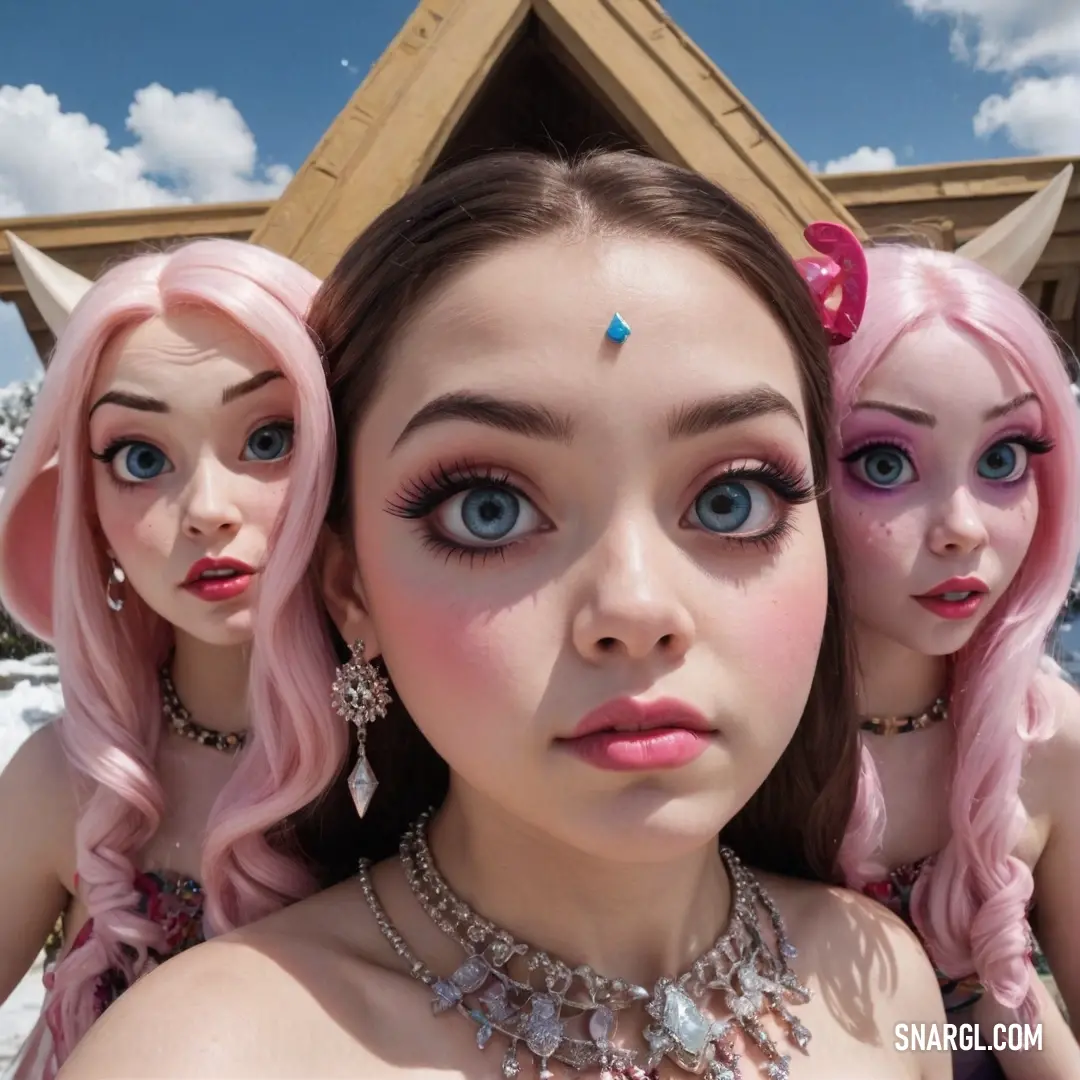 A collection of whimsical dolls with vibrant pink hair and striking blue eyes, elegantly posed in front of an architectural structure, showcasing the charm and detail of their surroundings.