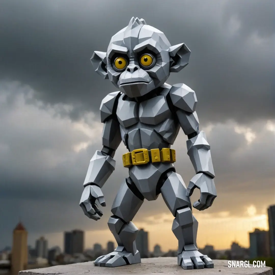 A creatively crafted monkey statue, composed entirely of colorful LEGO bricks, perches on a ledge, overlooking a dynamic city skyline adorned with moody, dark clouds.