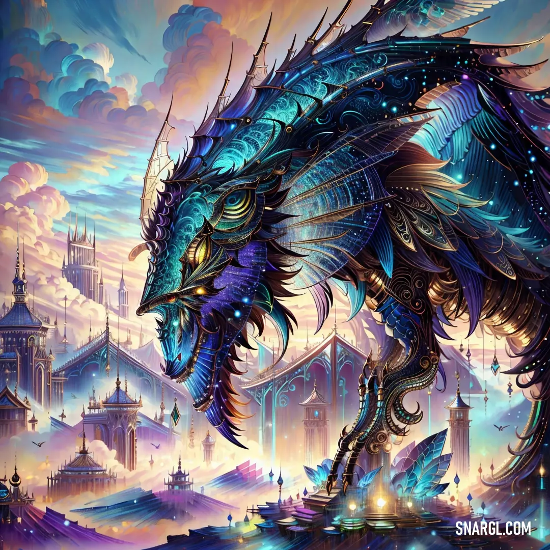 A vibrant dragon with a shimmering blue body and a striking purple tail stands poised in front of a sprawling cityscape, with the sky painted in soft hues. The dragon’s presence contrasts with the modern, futuristic city behind it.