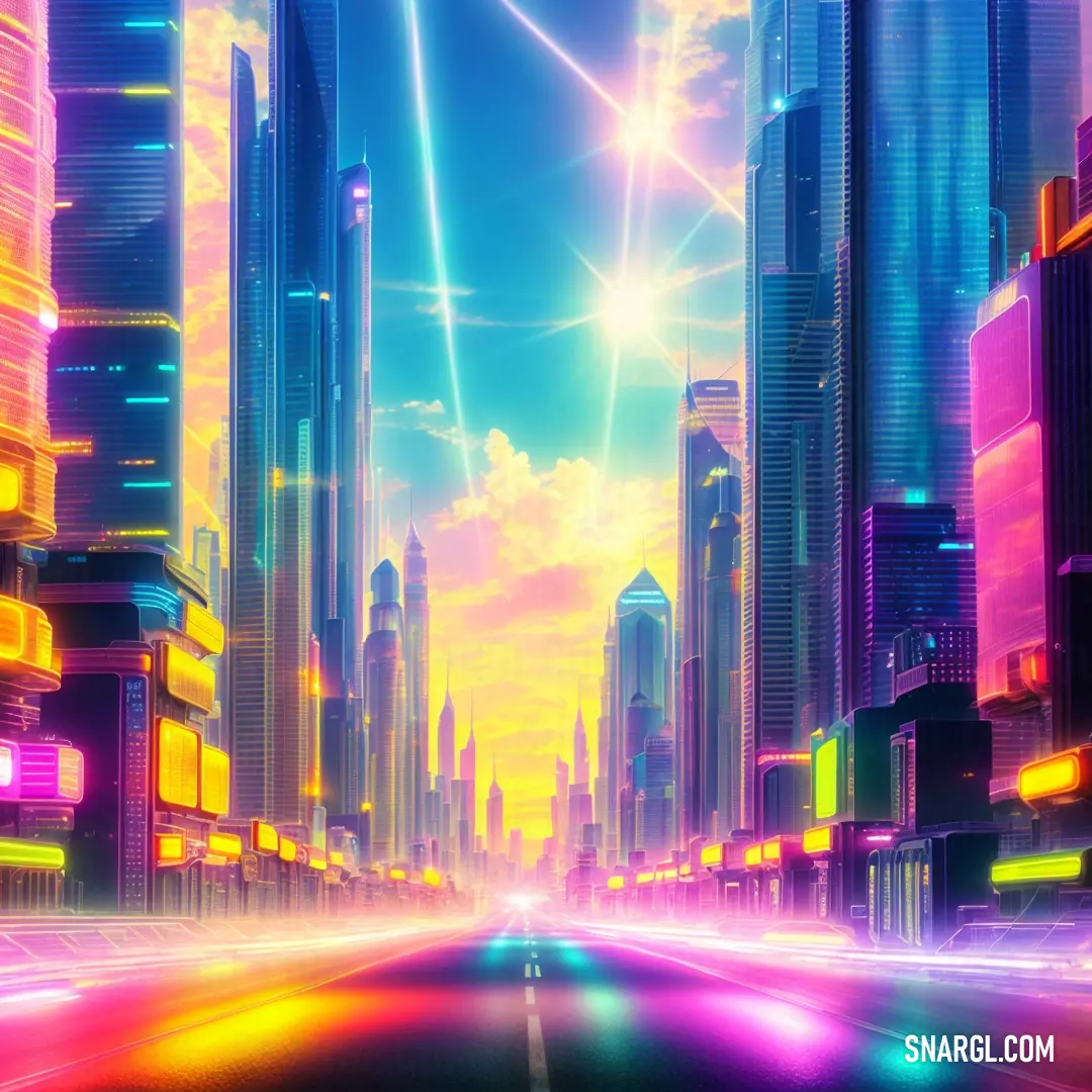 A vibrant, neon-lit futuristic city at night with sleek skyscrapers rising into the sky. A bustling street scene is in the foreground, illuminated by the bright glow of neon lights and the soft light of the evening sky above.