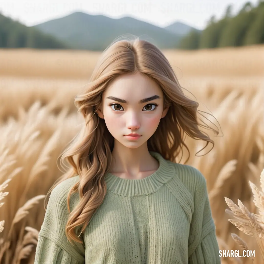 Girl standing in a field of wheat with a green sweater on and a mountain in the background. Color RGB 255,205,156.
