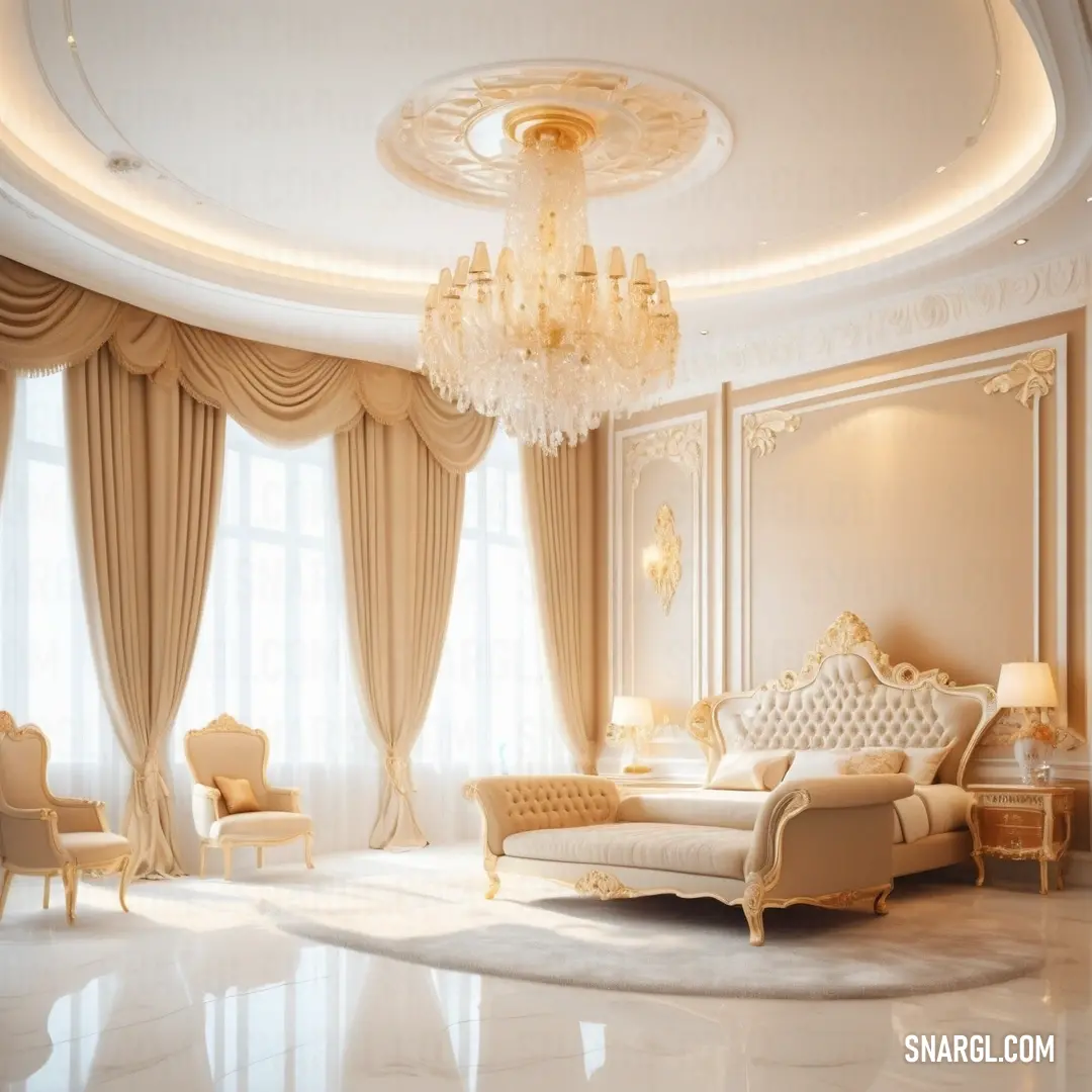 Living room with a chandelier and a couch in it's center area with a chandelier hanging from the ceiling. Color #FFCD9C.