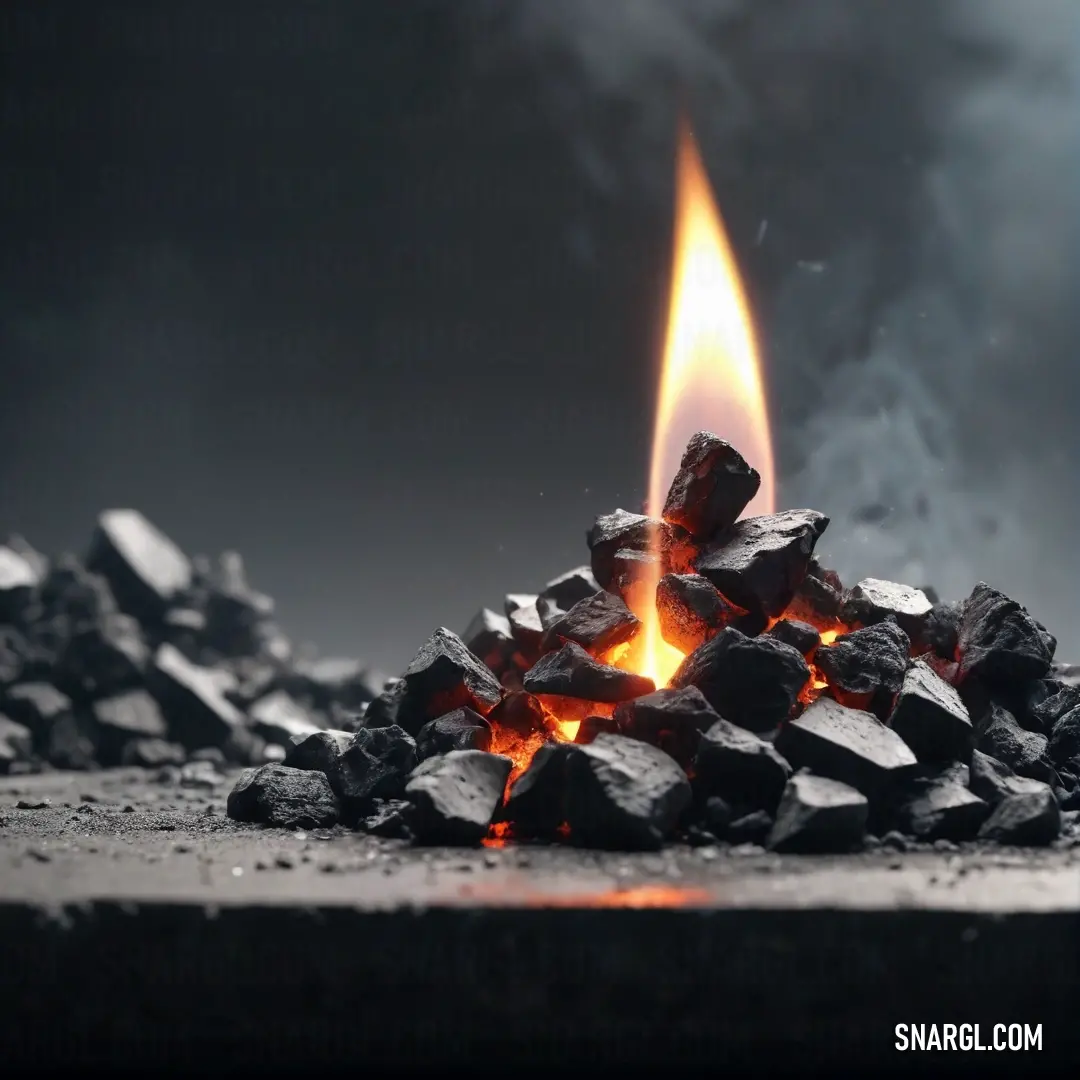 A visually striking display of coal with a vibrant flame emanating from its center, set against a dark backdrop. The intense colors illustrate contrasts between light and dark, symbolizing energy and nature's raw power.