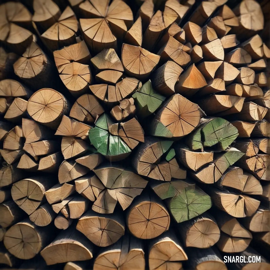 A beautifully arranged pile of cut logs, topped with a vibrant green leaf that contrasts against the natural wood tones. The warm hues of the wood exude a rustic charm, inviting you to appreciate nature's handiwork.