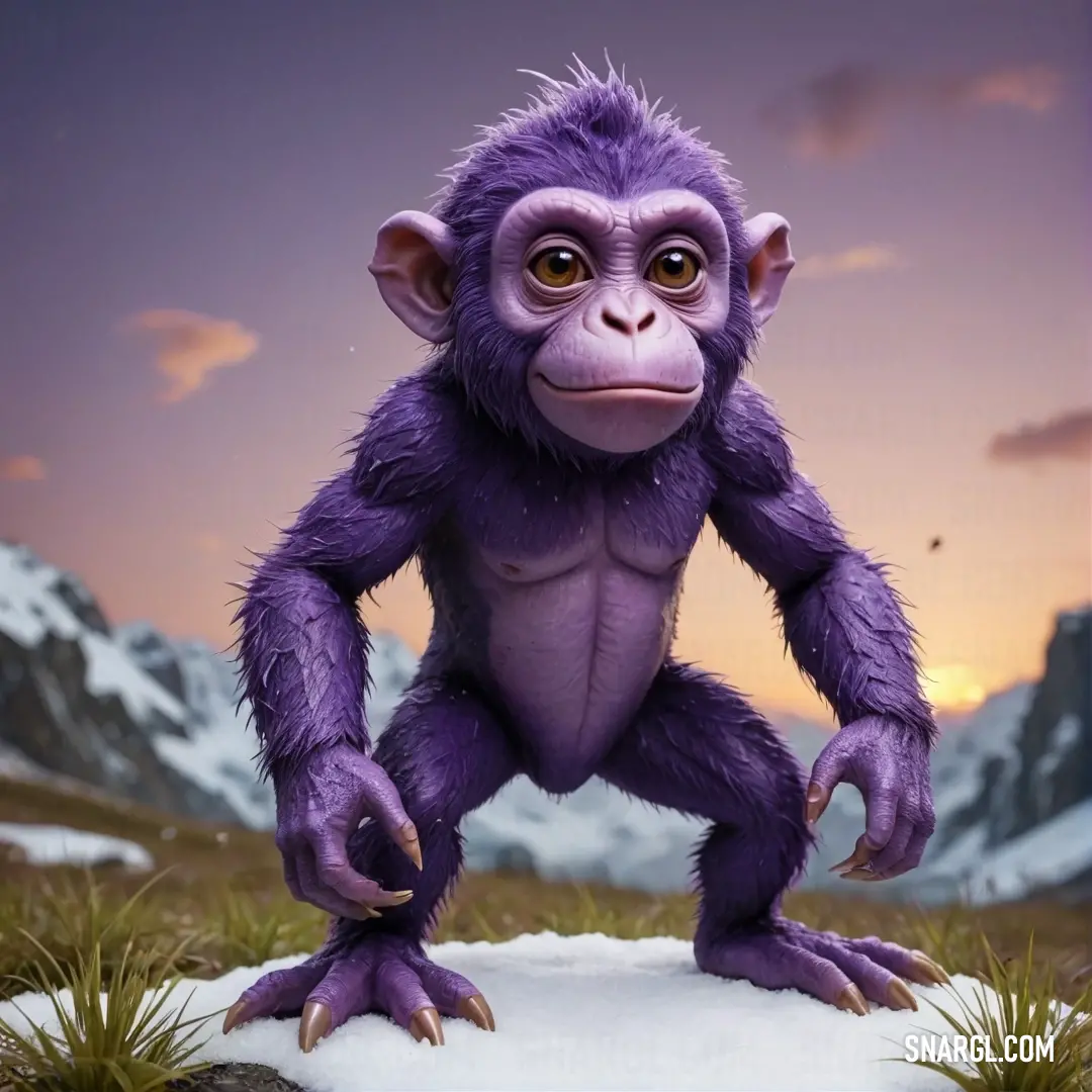 Against a captivating wintery backdrop, a spirited purple monkey stands on its hind legs in the soft snow, chewing on its playful nature as it embraces the chilly atmosphere with mountains rising majestically in the distance for an iconic winter scene.